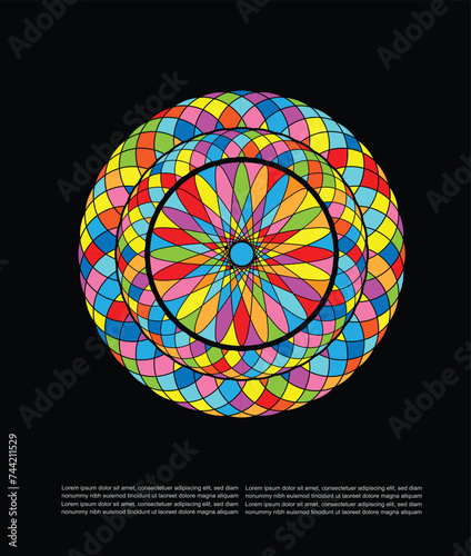 Vector illustration of circular paper floral design with random colors on black background.