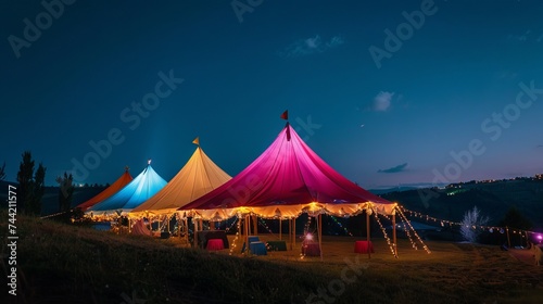 Colorful wedding tents at night. The wedding day.