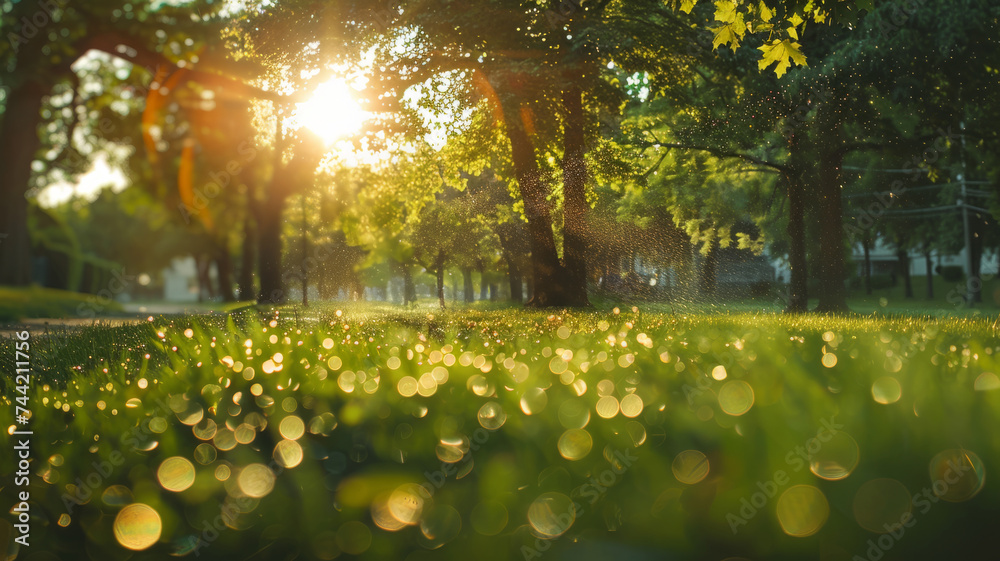 Obraz premium A sunny summer morning in a lush green forest.