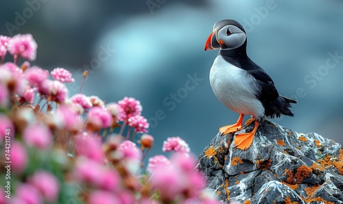 A puffin standing in the mountains against the background of the mountains and the sea