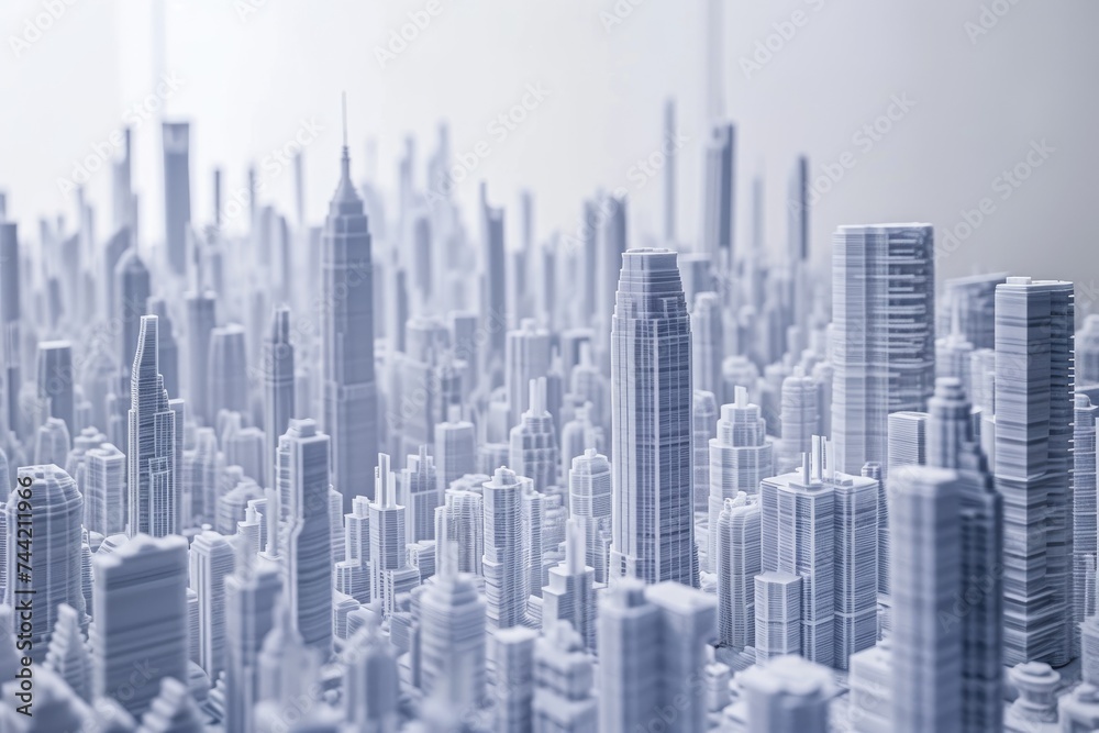 A bustling metropolis showcasing a collection of tall buildings surrounded by urban activity, Graphic representation of the process of building skyscrapers using 3D printing, AI Generated A bustling metropolis showcasing a collection of tall buildings surrounded by urban activity, Graphic representation of the process of building skyscrapers using 3D printing, AI Generated