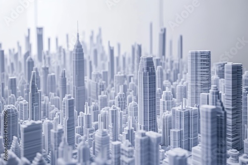 A bustling metropolis showcasing a collection of tall buildings surrounded by urban activity, Graphic representation of the process of building skyscrapers using 3D printing, AI Generated