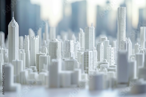 A realistic model of a city featuring tall buildings creating a dynamic urban landscape, Graphic representation of the process of building skyscrapers using 3D printing, AI Generated