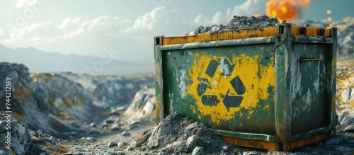 A photo of a green trash can with a yellow recyclable sign, containing toxic construction waste dumped in a metal container bin. photo