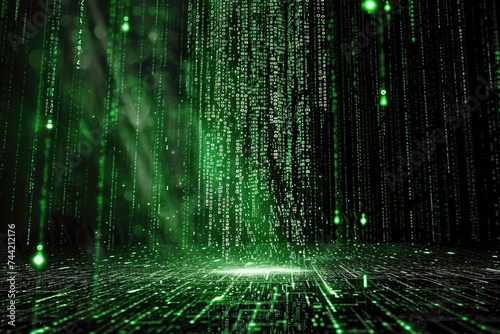 This photo showcases a vibrant green and black background filled with a multitude of numbers, Green code raining down a black screen, Matrix-like scene, AI Generated