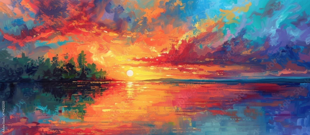 This painting depicts a vibrant sunset casting warm hues over a tranquil lake. The sky is ablaze with oranges, pinks, and purples, reflecting on the calm waters below.
