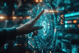 A hand is shown touching a cutting-edge interface with futuristic elements, Hand interacting with holographic business data projections, AI Generated