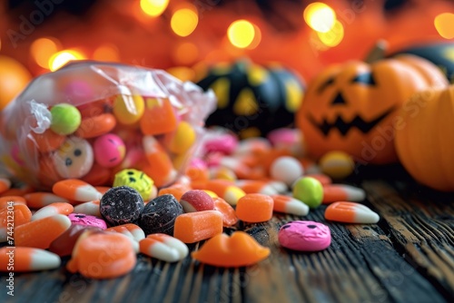 A table filled to the brim with various candies, each piece intricately decorated with vibrant and colorful coatings, Halloween candy scattered on a table, ready for trick-or-treaters, AI Generated