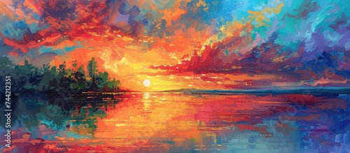 This painting depicts a vibrant sunset casting warm hues over a tranquil lake. The sky is ablaze with oranges, pinks, and purples, reflecting on the calm waters below.