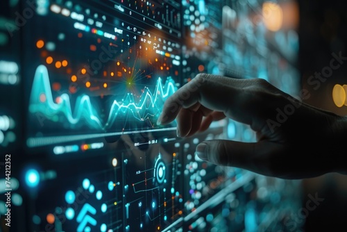 An individuals hand touches a screen displaying a chart, engaging with data analysis, Hand interacting with holographic business data projections, AI Generated