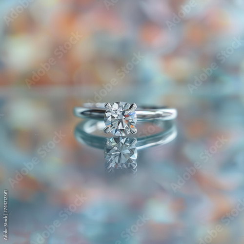 A diamond solitaire ring on a reflective glass surface