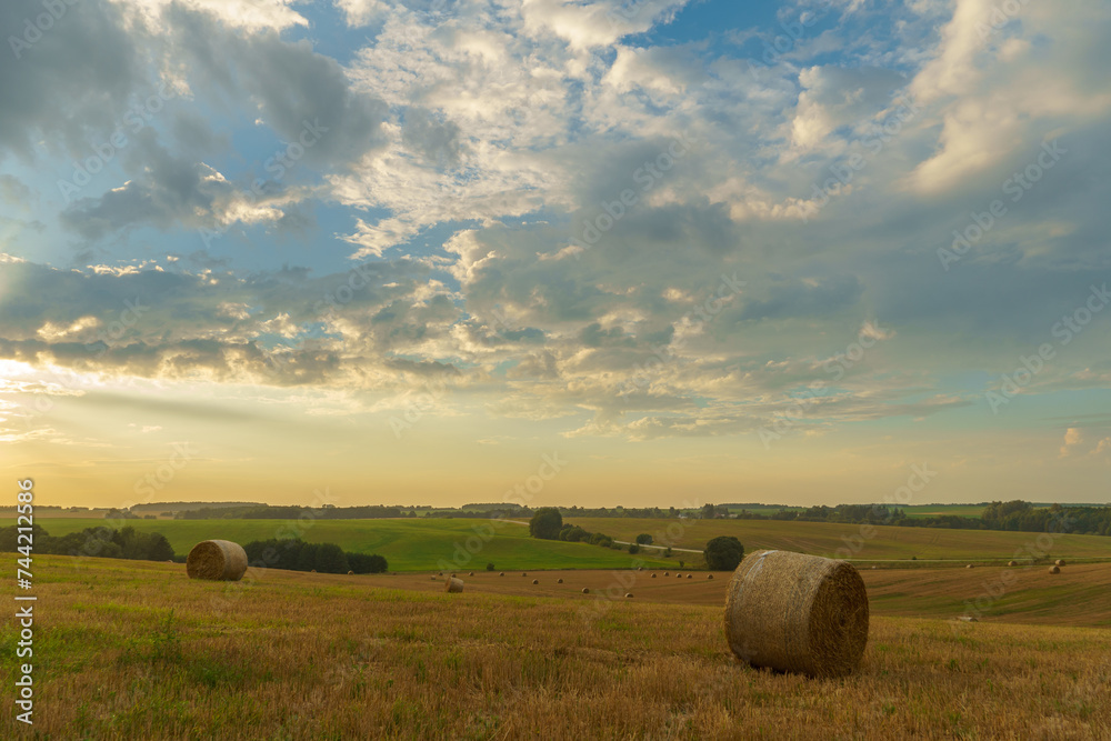 A haystack in a field against the background of beautiful clouds after the rain. Harvesting of grain crops. Harvesting straw for animal feed. The end of the harvest season. Round bales of hay
