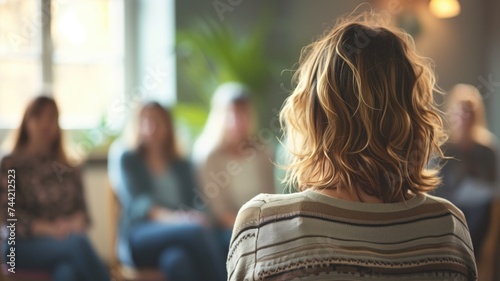Person from behind at a blurred group therapy session photo