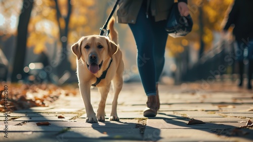 Labrador on a leash during a sunny autumn walk photo