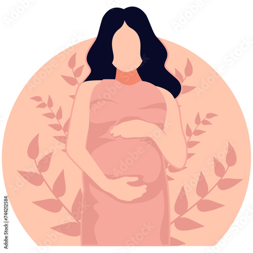 Pregnant woman standing holding stomach on floral background