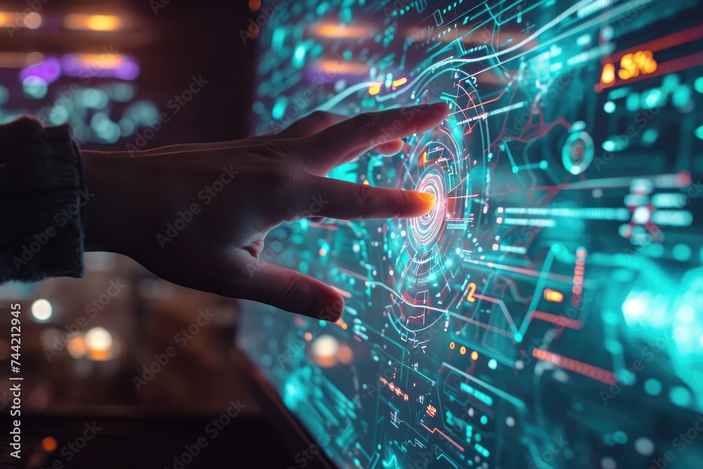 A close-up of a persons hand touching a highly advanced and responsive display, demonstrating technological interaction, Human hand interacting with a holographic user interface, AI Generated