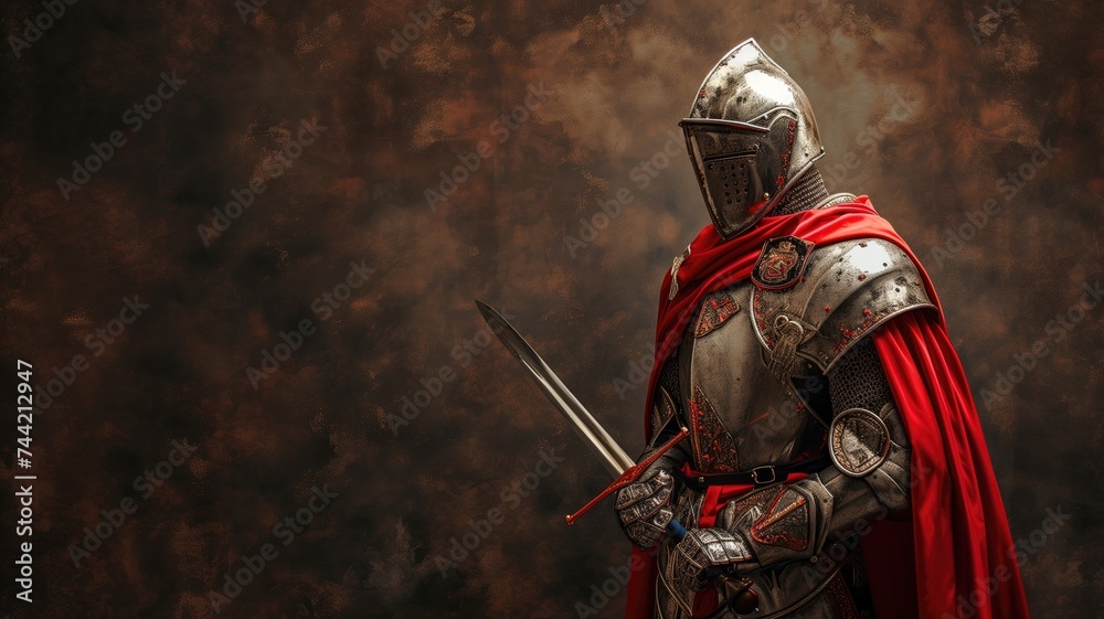 Naklejka premium Knight in full armor holding a sword on a dark backdrop