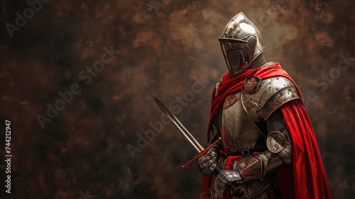 Knight in full armor holding a sword on a dark backdrop