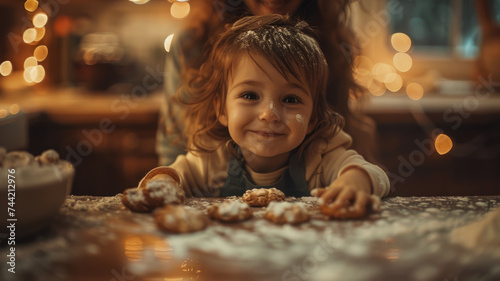 A happy young girl smiling with a Christmas cake.