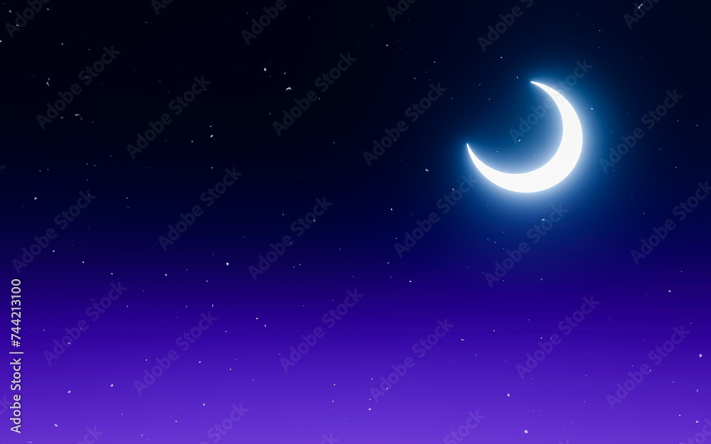 The crescent moon glows in the sky. There are twinkling stars, clear and cloudless, for making Background and Wallpaper. 3D Rendering. The crescent moon glows in the sky. There are twinkling stars, clear and cloudless, for making Background and Wallpaper. 3D Rendering.