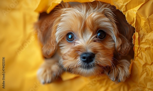 Funny maltipoo puppy punching a hole with his head in yellow paper in studio with copy space
