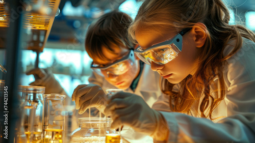 Scientists conducting a chemistry experiment in a laboratory.
