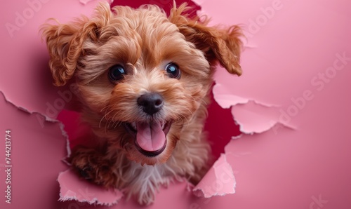 Funny maltipo puppy with tongue sticking out punches a hole with his head in pink paper in studio