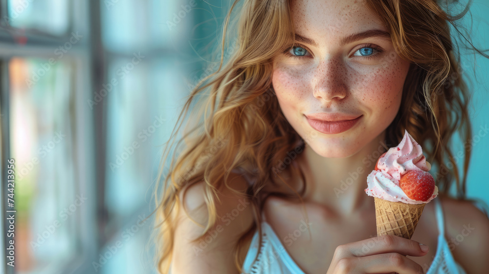 A pretty blonde woman smiling with ice cream.