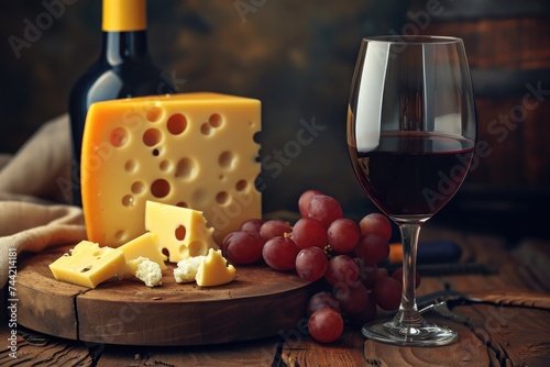 A glass of wine, cheese, and grapes arranged on a table, creating a simple yet elegant display of food and drink, Hyper-realistic image of wine and cheese, AI Generated