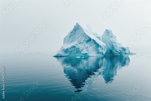 An awe-inspiring iceberg majestically drifting through the misty ocean waters on a foggy day, Icebergs floating in a tranquil Arctic ocean, AI Generated