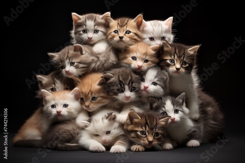 A heartwarming assembly of kittens, each with their own distinct coat patterns and expressions, set against a dark backdrop