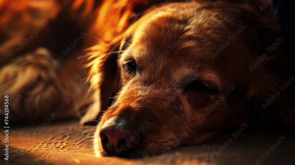 Old golden retriever enjoying a peaceful nap in a cozy indoor setting bathed in warm sunlight. Close-up of a relaxed golden retriever at rest in a tranquil home environment.