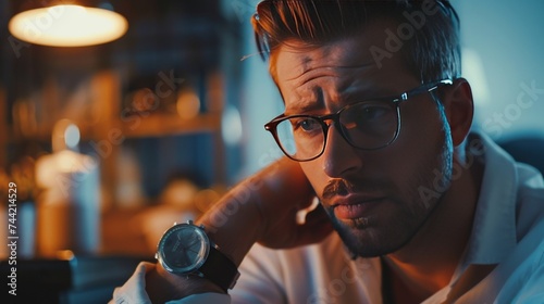 Man anxiously checking his watch in a dimly lit room, symbolizing the pressure of time and deadlines. Late evening work stress captured as a businessman contemplates time in a modern office setting.