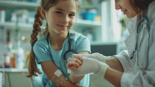 A pediatrician giving a young girl an injection.