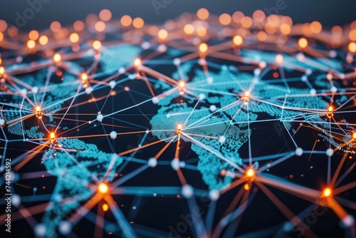 Interconnected Lines on a Map of the World, Individuals from different geographical locations linked together through a blockchain chain, AI Generated