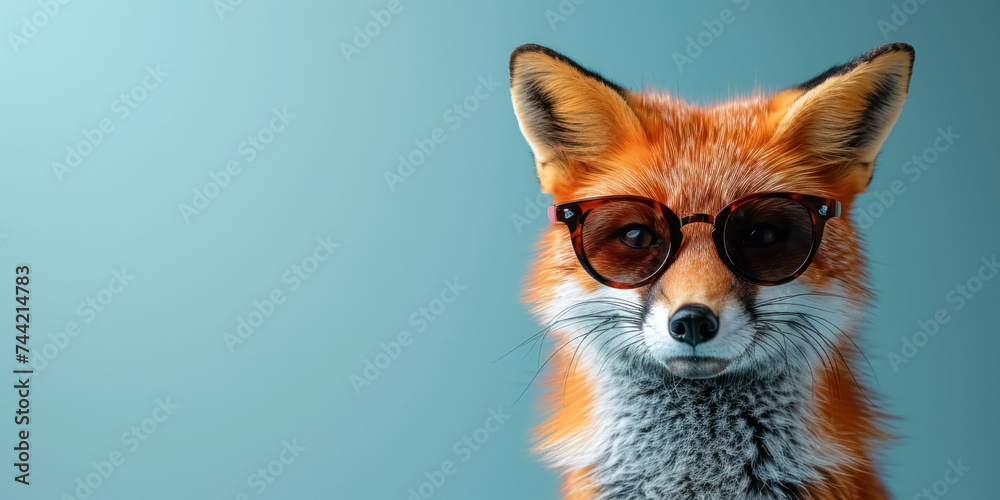 Fototapeta premium Studio headshot portrait stylish, seriously red fox in sunglasses on blue background with copy space. Vibrant empty banner for advertising or web