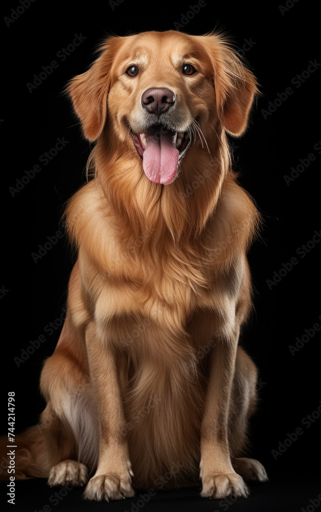 Full body front view studio portrait young golden retriever dog sitting and looking in camera isolated on black background Full body front view studio portrait young golden retriever dog sitting and looking in camera isolated on black background