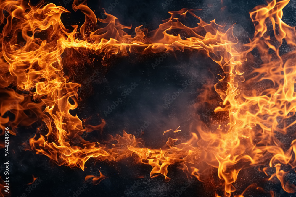 Rectangular frame engulfed by bright flames, black background with geometric shape and dynamic movement of fire on burning object, empty backdrop with copy space Rectangular frame engulfed by bright flames, black background with geometric shape and dynamic movement of fire on burning object, empty backdrop with copy space