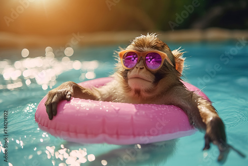 Relaxing, lazy monkey with sunglasses swimming in the pool on an inflatable pink circle. Concept of comfortable holidays in vacation photo