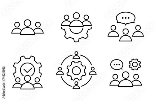 Business line icon set in flat style. Teamwork, chat or discussion, process and brainstorming symbols on white. Simple abstract icons. Vector illustration for graphic design, web, mobile app, ui.