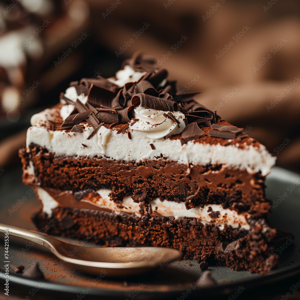 Close-up of a slice of chocolate cake showing the rich Close-up of a slice of chocolate cake showing the rich