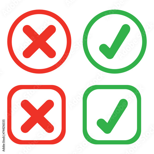 Vector pros and cons icons. Green check mark and red cross icon. 