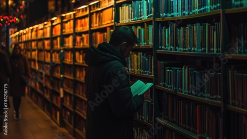Person reading a book in a bookstore with colorful shelves