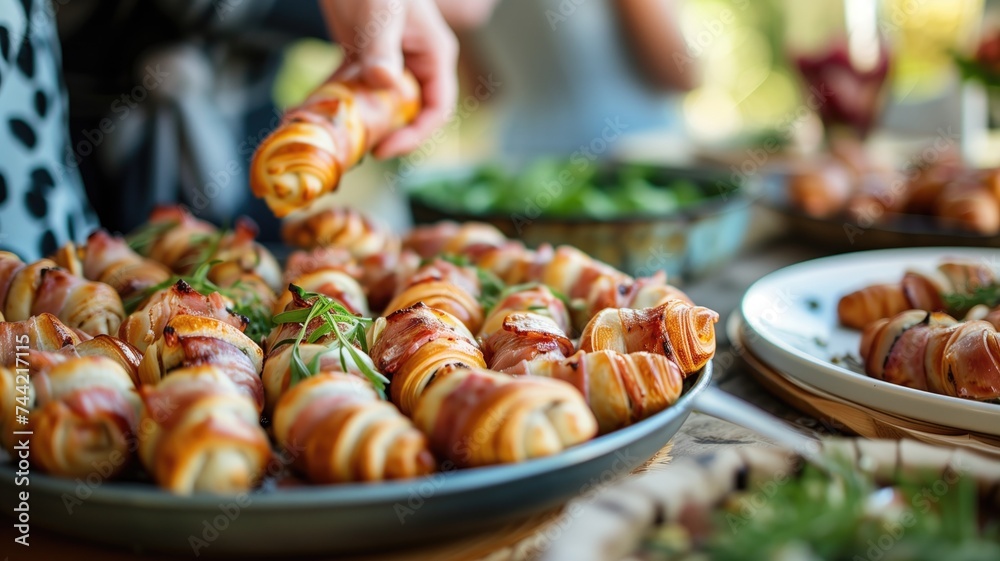 Platter of bacon-wrapped appetizers on a table