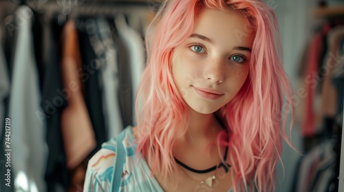 Capture the happiness of a teenage girl with pink hair looking directly at the camera while standing in front of a modern clothes wardrobe closet. © Abbas