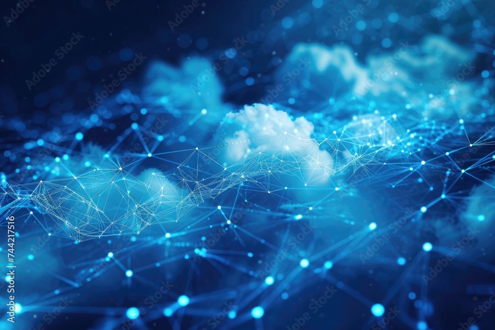 A photo showcasing a blue background adorned with fluffy clouds and intersecting lines, Interconnected network nodes symbolizing cloud technology, AI Generated A photo showcasing a blue background adorned with fluffy clouds and intersecting lines, Interconnected network nodes symbolizing cloud technology, AI Generated