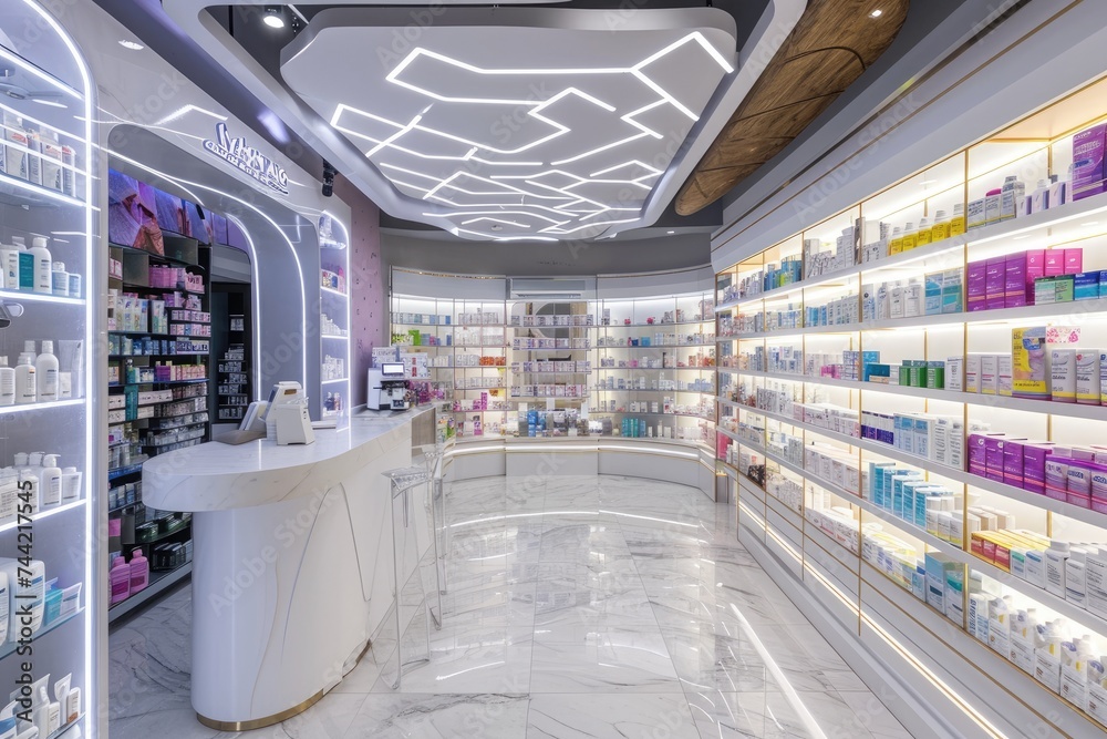 This photo captures the interior of a pharmacy store, featuring a counter and various shelves stocked with pharmaceutical products, Interior design of a modern and high-tech pharmacy, AI Generated
