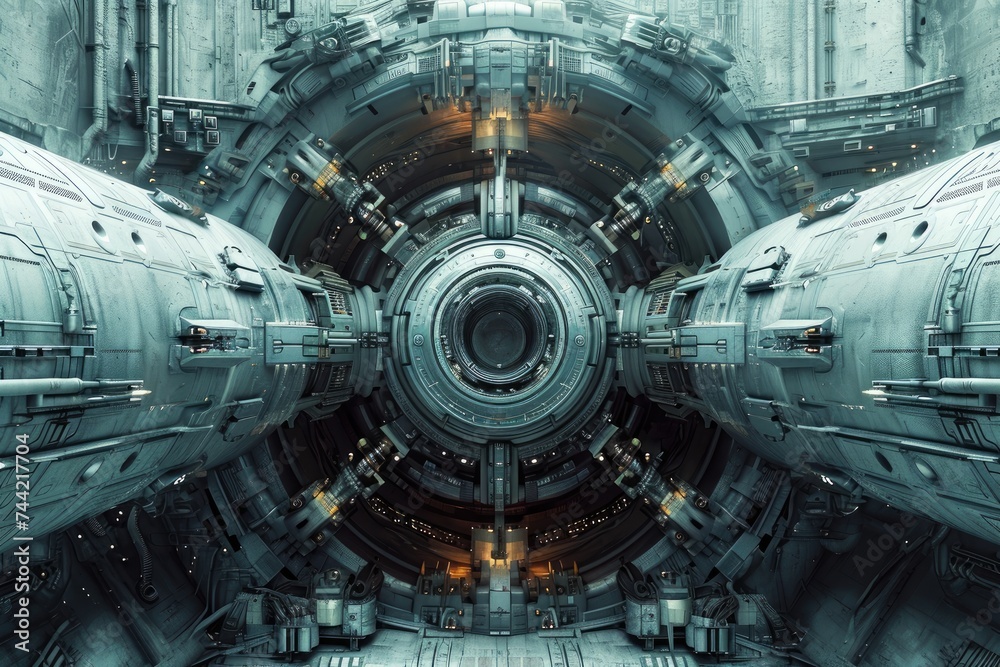 A sci-fi spaceship with futuristic design zooms through a barren and dystopian landscape, Intricate details of a futuristic spaceship engine, AI Generated