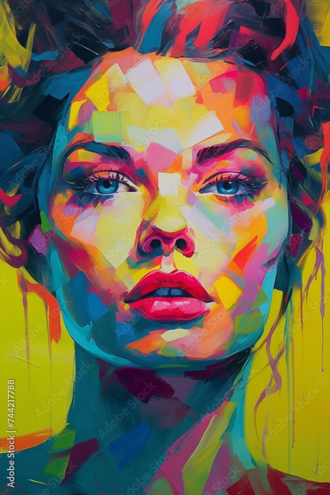 Striking portraits of women in a surrealistic style with bold, vibrant colors and abstract elements