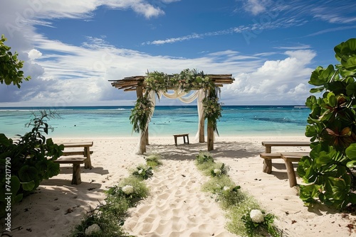 A wedding setup on the beach featuring a gazebo adorned with flowers and seating for guests  Island wedding with a barefoot ceremony on white sands and an ocean backdrop  AI Generated